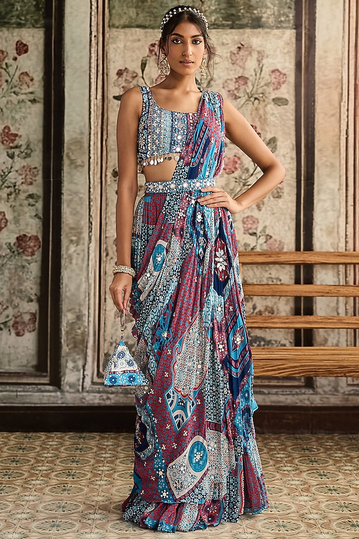 Teal Blue Crepe & Georgette Printed Tiered Skirt Wedding Saree Set by DiyaRajvvir at Pernia's Pop Up Shop