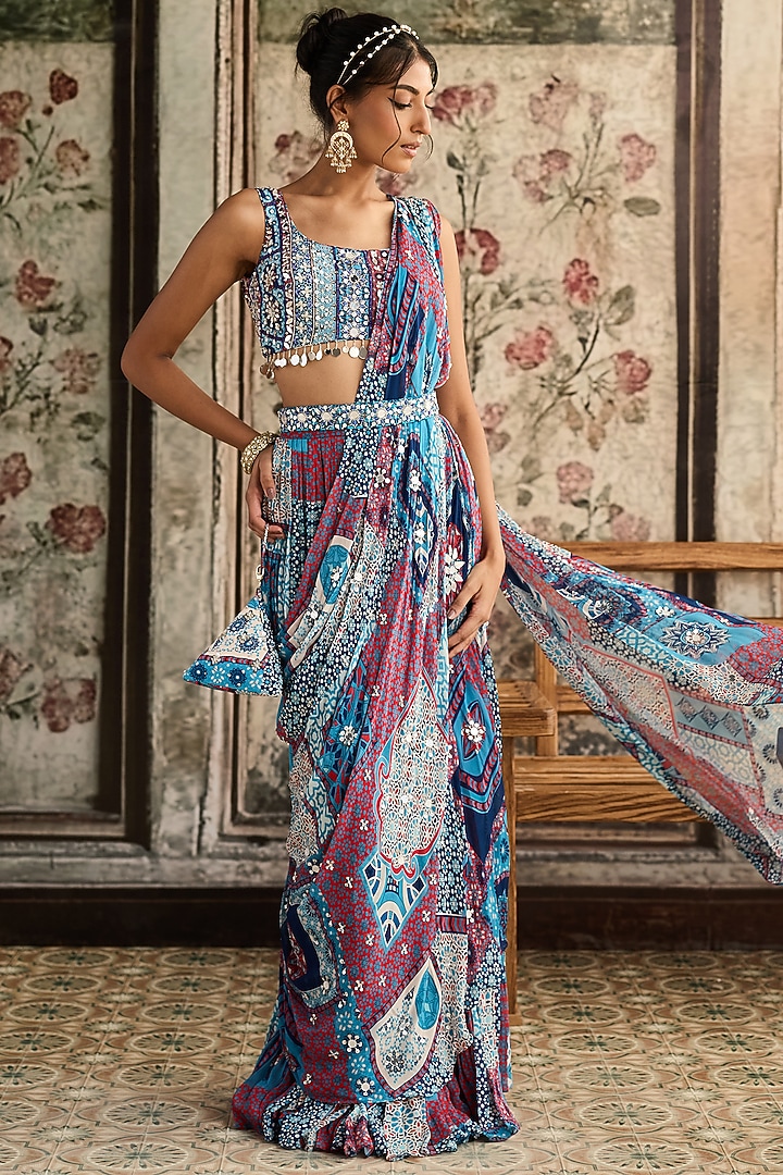 Teal Blue Crepe & Georgette Printed Tiered Skirt Wedding Saree Set by DiyaRajvvir at Pernia's Pop Up Shop