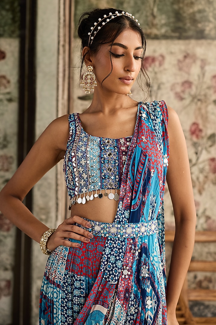 Teal Blue Crepe & Georgette Printed Tiered Skirt Wedding Saree Set by DiyaRajvvir at Pernia's Pop Up Shop