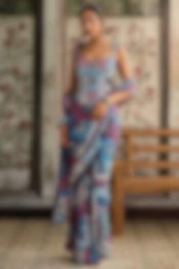 Teal Blue Crepe & Georgette Printed Pre-Draped Wedding Saree Set by DiyaRajvvir at Pernia's Pop Up Shop