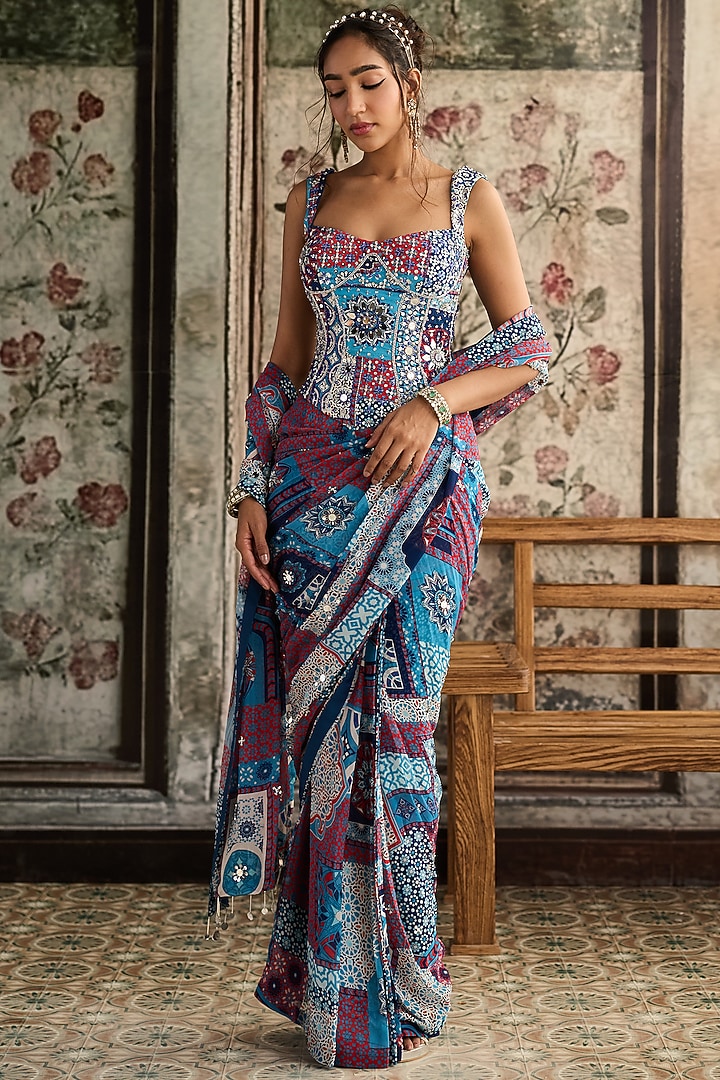 Teal Blue Crepe & Georgette Printed Pre-Draped Wedding Saree Set by DiyaRajvvir at Pernia's Pop Up Shop