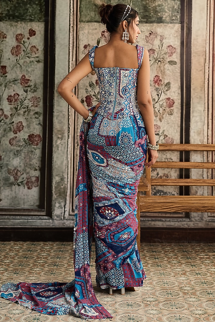 Teal Blue Crepe & Georgette Printed Pre-Draped Wedding Saree Set by DiyaRajvvir at Pernia's Pop Up Shop