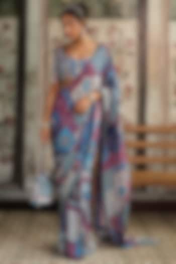 Teal Blue Crepe & Georgette Jaal Printed Pre-Draped Set by DiyaRajvvir at Pernia's Pop Up Shop