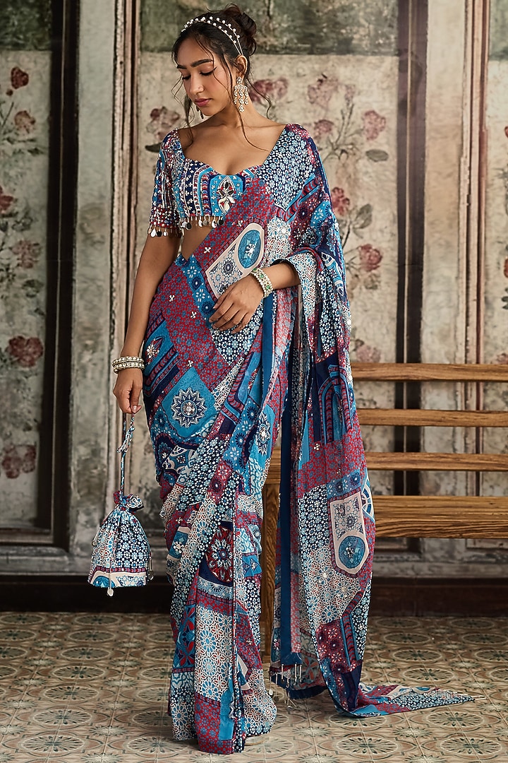 Teal Blue Crepe & Georgette Jaal Printed Pre-Draped Set by DiyaRajvvir at Pernia's Pop Up Shop