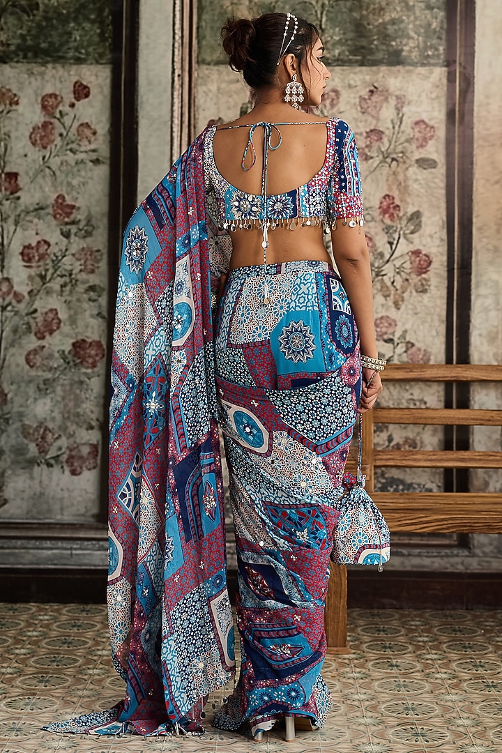 Teal Blue Crepe & Georgette Jaal Printed Pre-Draped Set by DiyaRajvvir at Pernia's Pop Up Shop