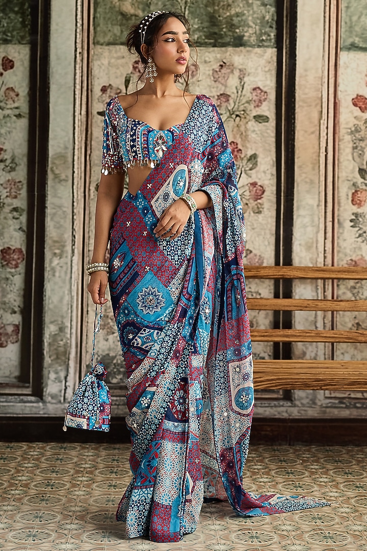 Teal Blue Crepe & Georgette Jaal Printed Pre-Draped Set by DiyaRajvvir at Pernia's Pop Up Shop