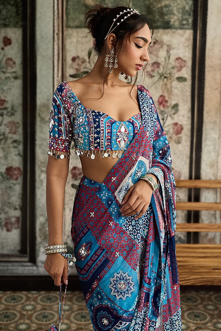 Teal Blue Crepe & Georgette Jaal Printed Pre-Draped Set by DiyaRajvvir at Pernia's Pop Up Shop