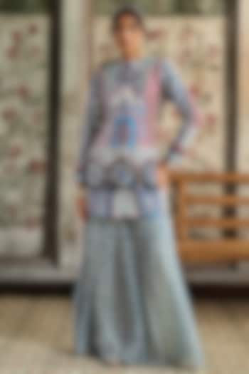 Teal Blue Raw Silk & Georgette Printed Gharara Set by DiyaRajvvir at Pernia's Pop Up Shop