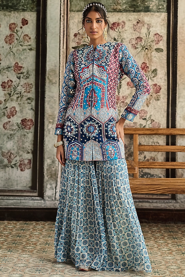 Teal Blue Raw Silk & Georgette Printed Gharara Set by DiyaRajvvir at Pernia's Pop Up Shop