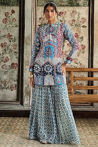 Teal Blue Raw Silk & Georgette Printed Gharara Set by DiyaRajvvir