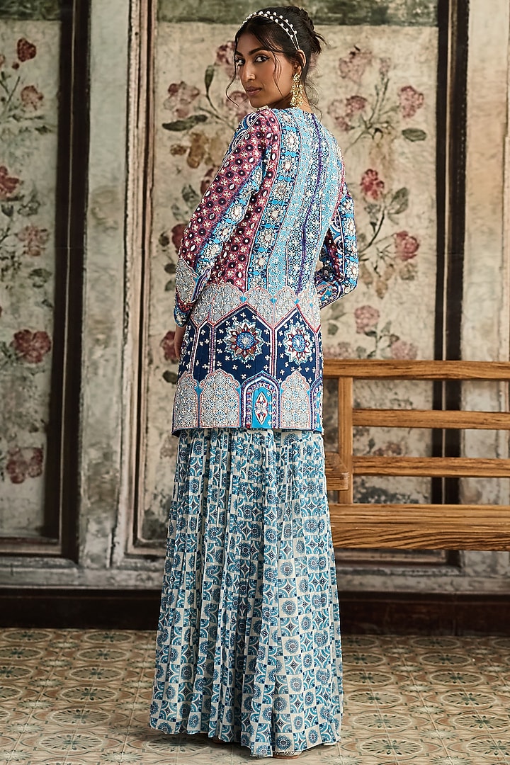 Teal Blue Raw Silk & Georgette Printed Gharara Set by DiyaRajvvir at Pernia's Pop Up Shop