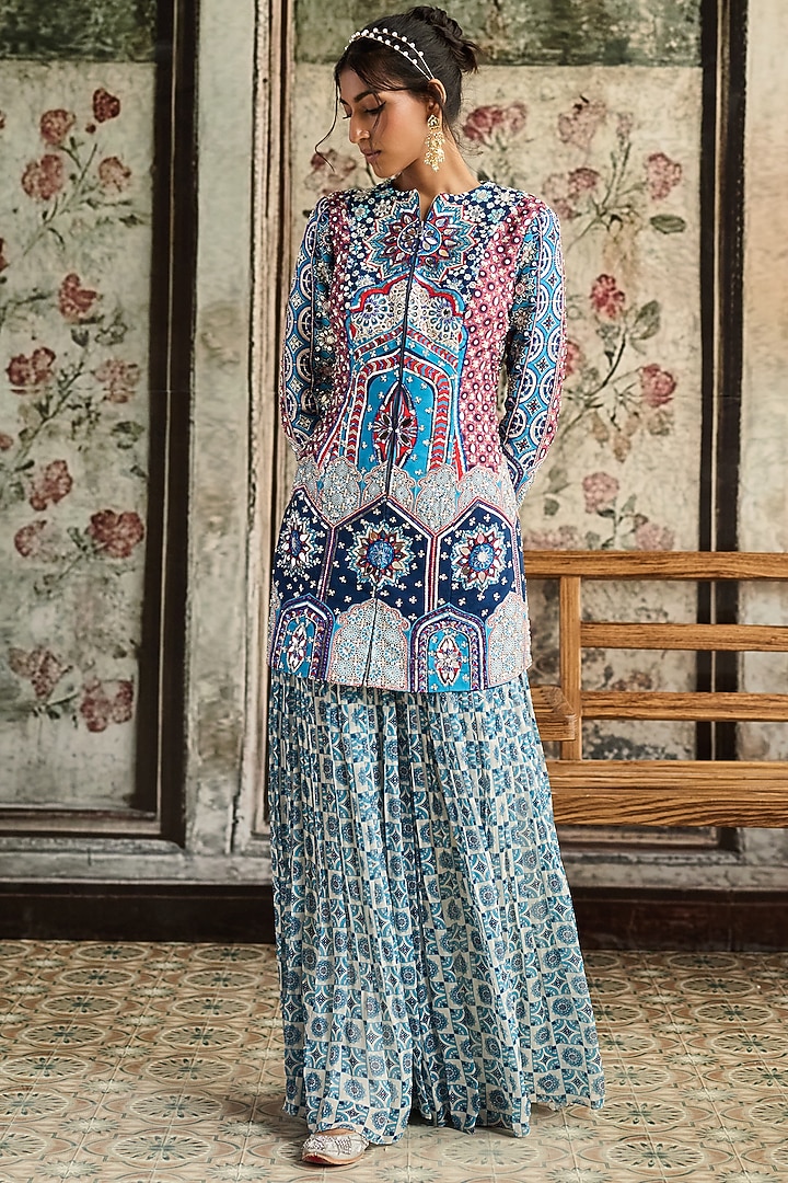 Teal Blue Raw Silk & Georgette Printed Gharara Set by DiyaRajvvir at Pernia's Pop Up Shop