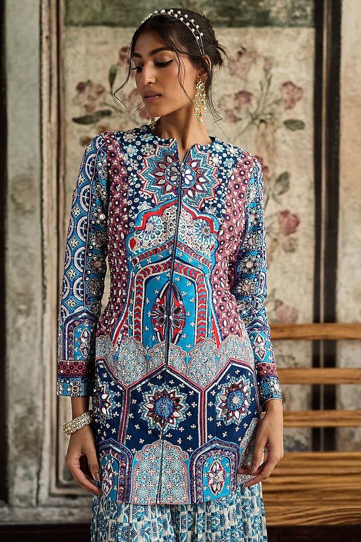 Teal Blue Raw Silk & Georgette Printed Gharara Set by DiyaRajvvir at Pernia's Pop Up Shop