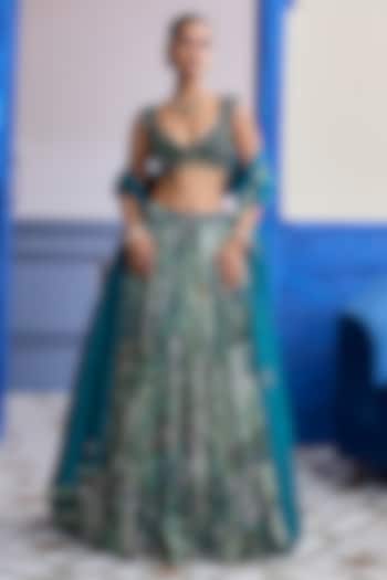 Green Tulle & Georgette Printed Wedding Lehenga Set by DiyaRajvvir at Pernia's Pop Up Shop