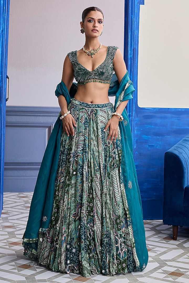 Green Tulle & Georgette Printed Wedding Lehenga Set by DiyaRajvvir at Pernia's Pop Up Shop