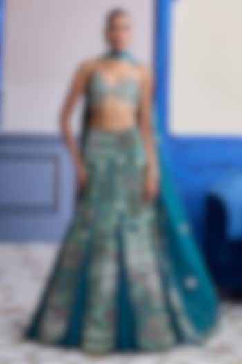 Green Organza Floral Printed Wedding Lehenga Set by Diyarajvvir at Pernia's Pop Up Shop