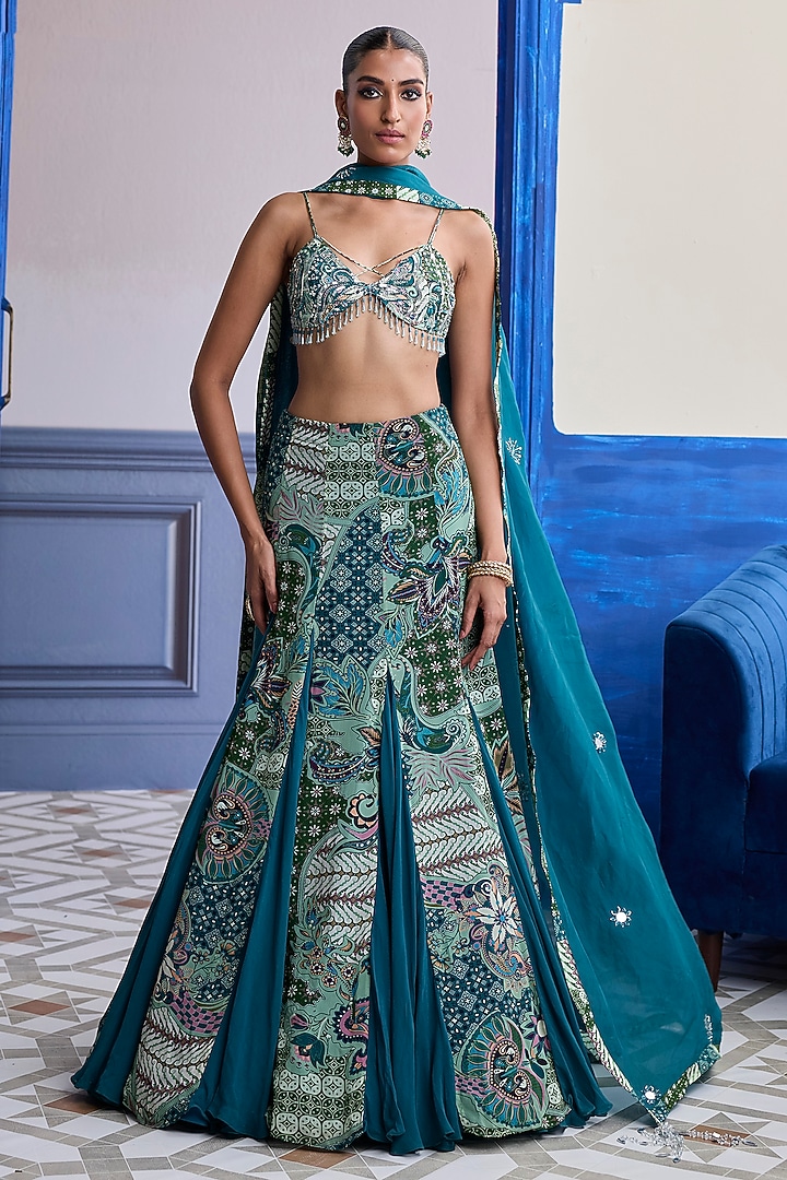 Green Organza Floral Printed Wedding Lehenga Set by Diyarajvvir at Pernia's Pop Up Shop