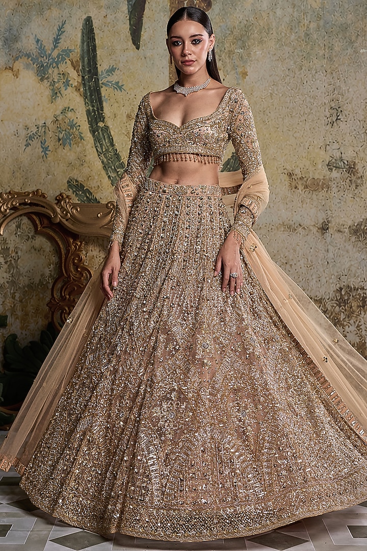 Gold & Silver Tulle Embellished Bridal Lehenga Set by DiyaRajvvir at Pernia's Pop Up Shop