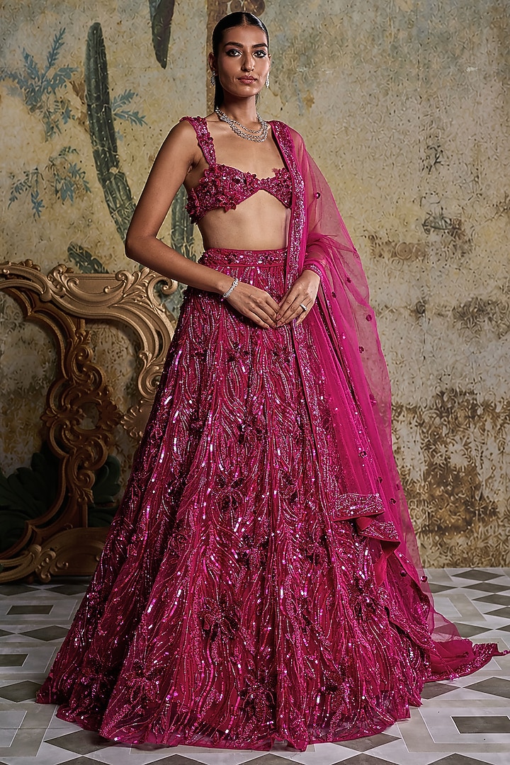 Fuchsia Pink Tulle 3D Embellished Bridal Lehenga Set by DiyaRajvvir at Pernia's Pop Up Shop