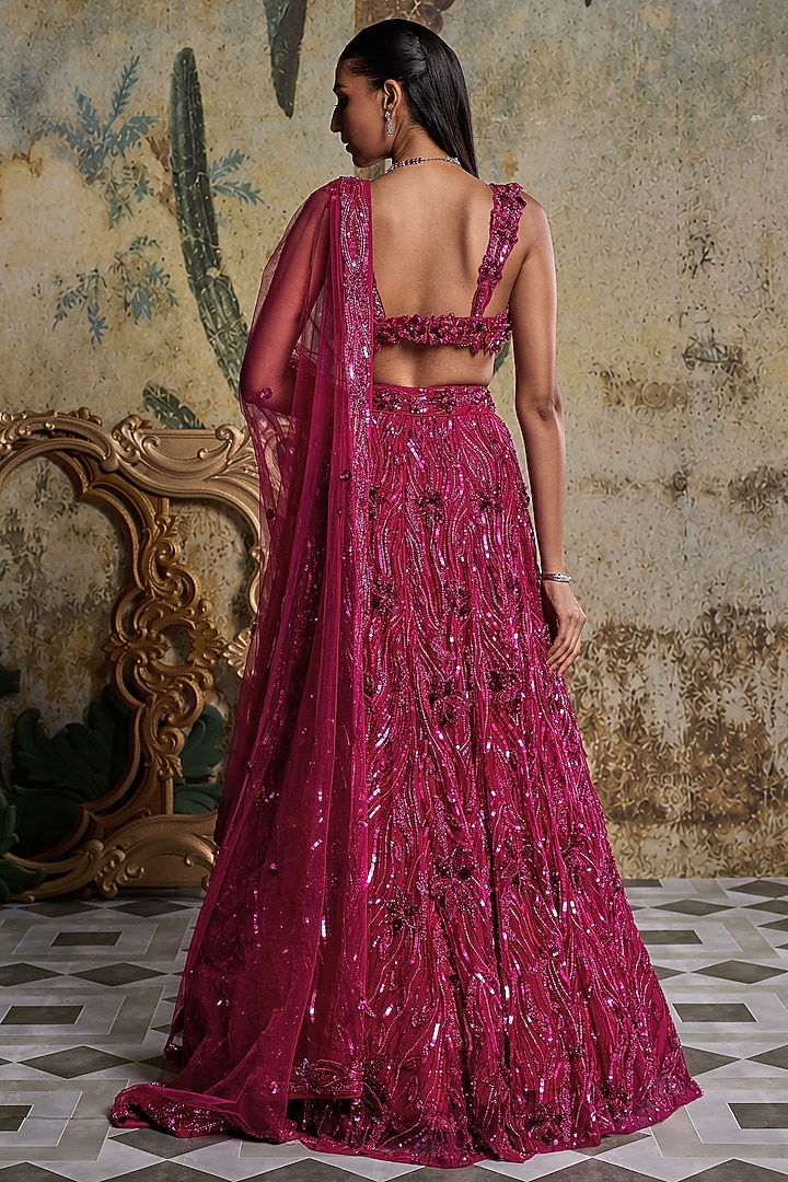 Fuchsia Pink Tulle 3D Embellished Bridal Lehenga Set by DiyaRajvvir at Pernia's Pop Up Shop