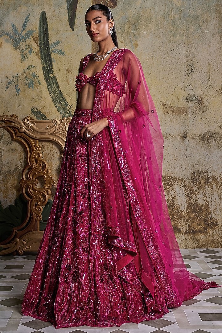 Fuchsia Pink Tulle 3D Embellished Bridal Lehenga Set by DiyaRajvvir at Pernia's Pop Up Shop