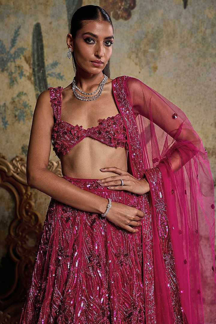 Fuchsia Pink Tulle 3D Embellished Bridal Lehenga Set by DiyaRajvvir at Pernia's Pop Up Shop