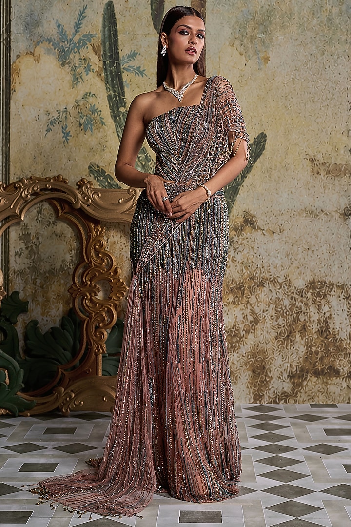 Onion Pink Tulle Cutwork Embellished Drape Reception Saree Set by DiyaRajvvir at Pernia's Pop Up Shop