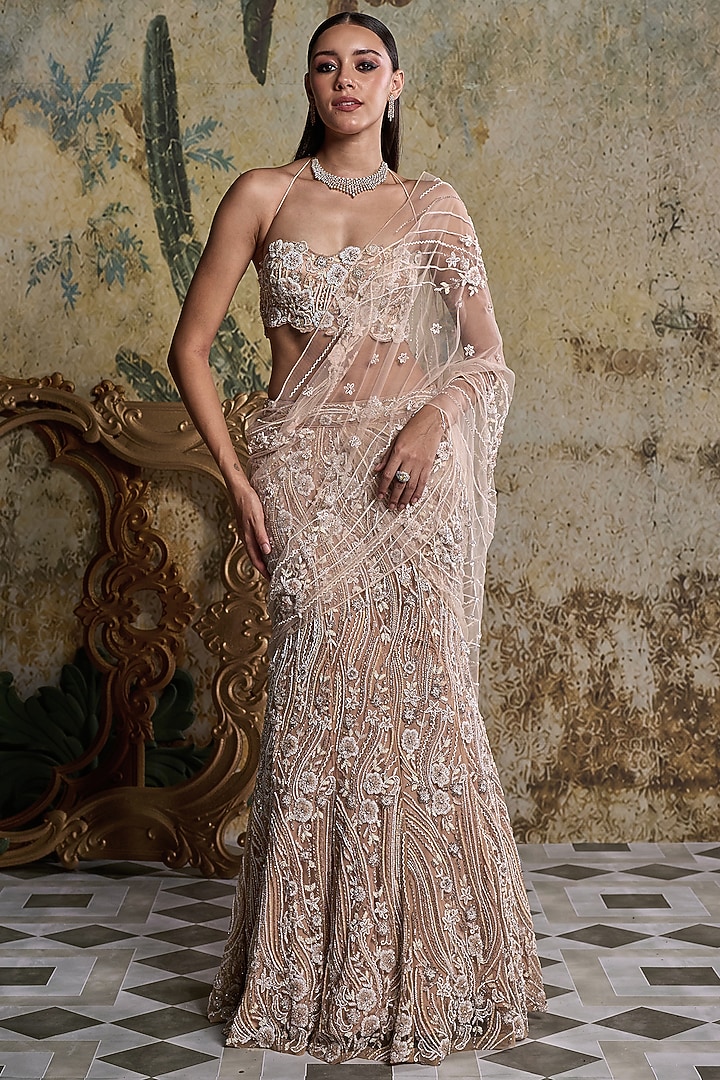 Beige & Ivory Tulle 3D Floral Embellished Reception Saree Set by DiyaRajvvir at Pernia's Pop Up Shop