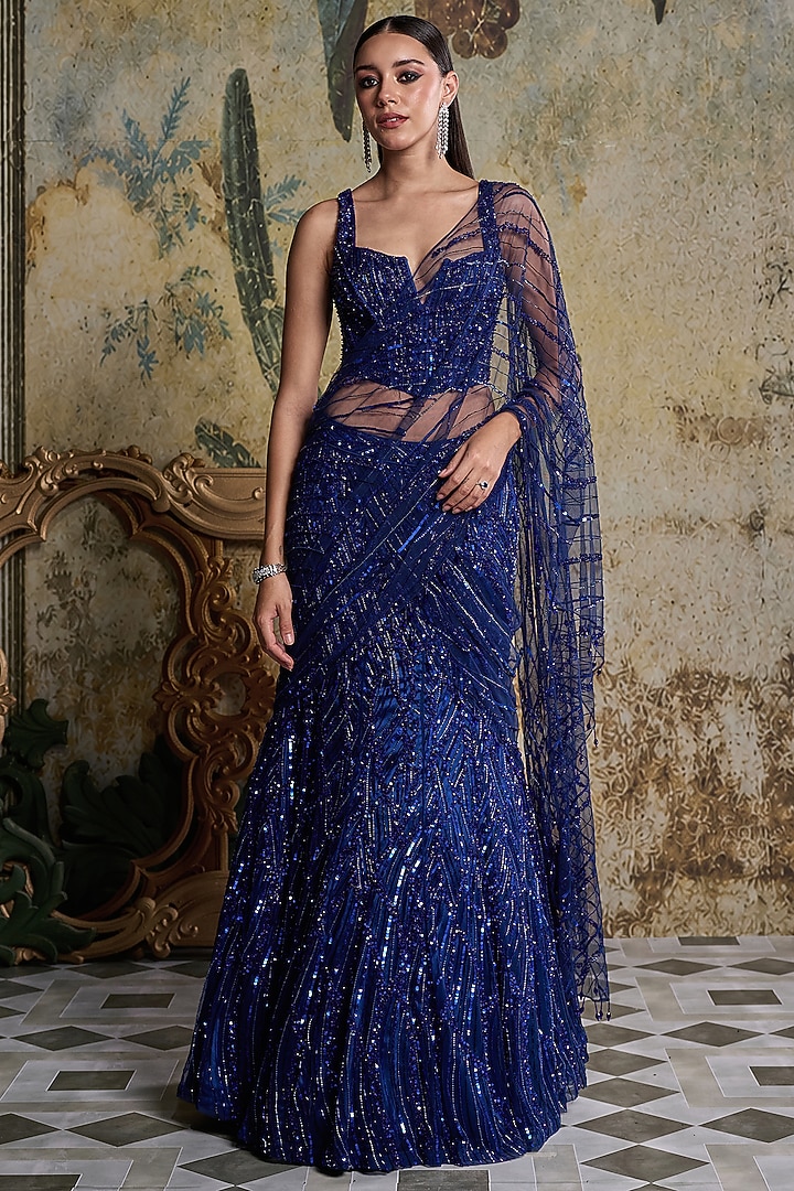 Electric Blue Tulle Embellished Reception Saree Set by DiyaRajvvir at Pernia's Pop Up Shop