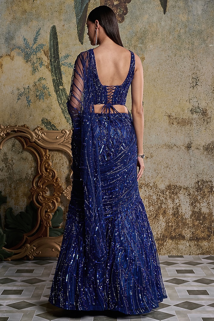 Electric Blue Tulle Embellished Reception Saree Set by DiyaRajvvir at Pernia's Pop Up Shop