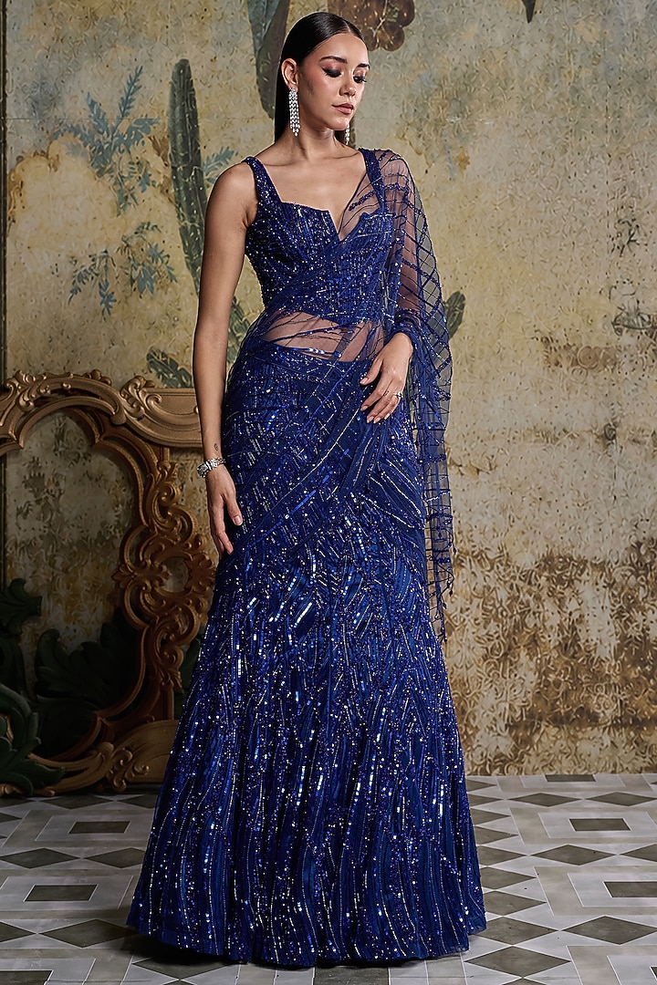 Electric Blue Tulle Embellished Reception Saree Set by DiyaRajvvir at Pernia's Pop Up Shop