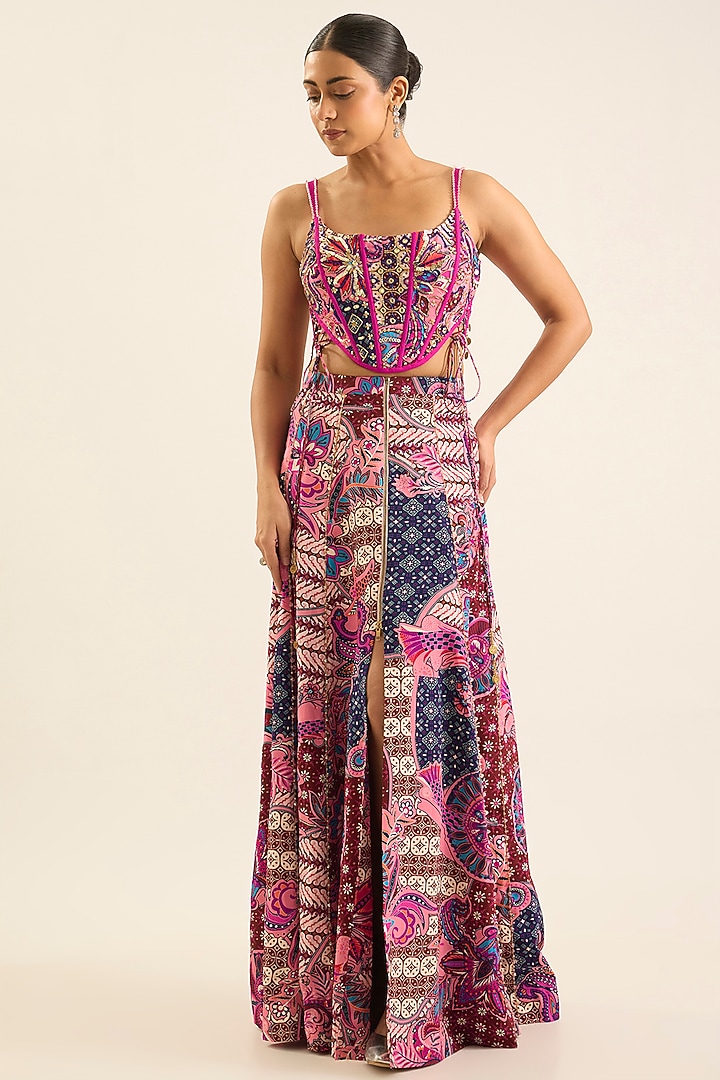 Fuchsia Crepe Floral Printed Skirt Set by DiyaRajvvir at Pernia's Pop Up Shop