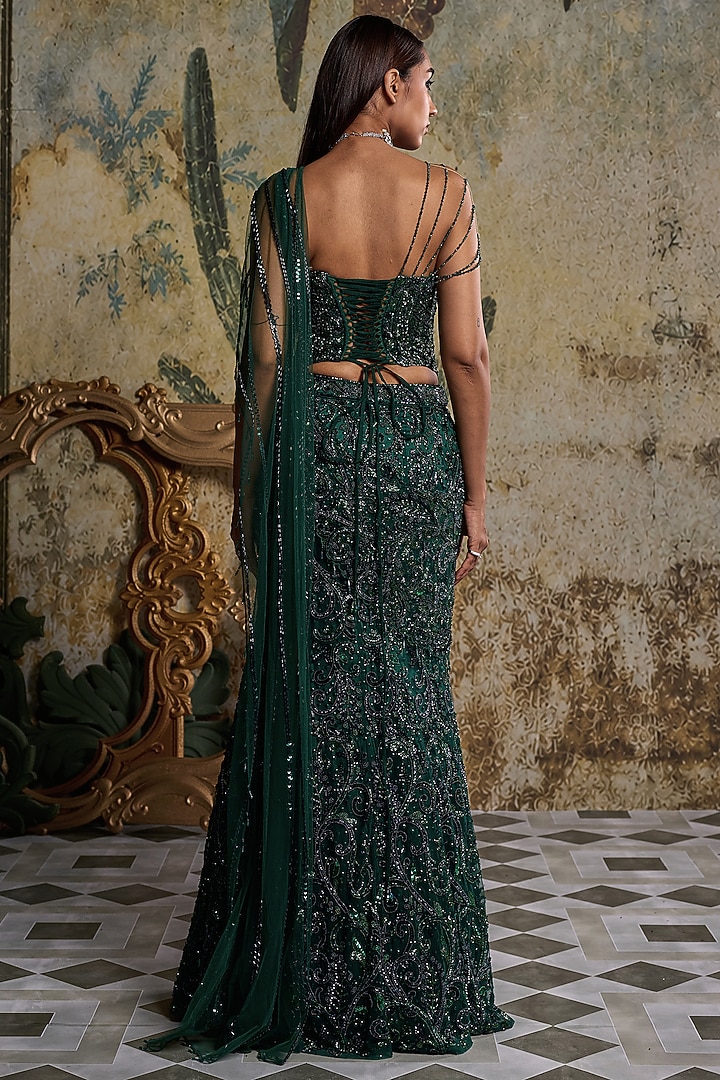 Bottle Green Tulle Embellished Corset Reception Saree Set by DiyaRajvvir at Pernia's Pop Up Shop