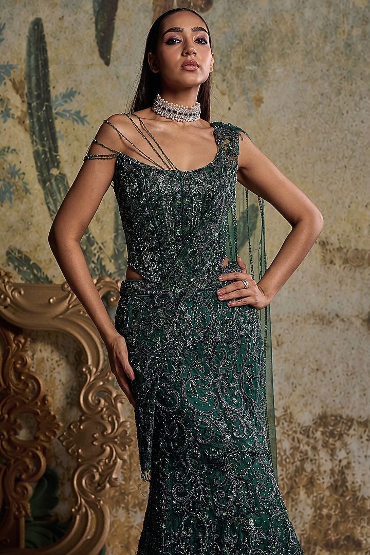 Bottle Green Tulle Embellished Corset Reception Saree Set by DiyaRajvvir at Pernia's Pop Up Shop