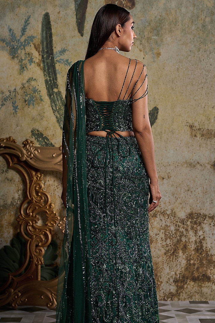 Bottle Green Tulle Embellished Corset Reception Saree Set by DiyaRajvvir at Pernia's Pop Up Shop