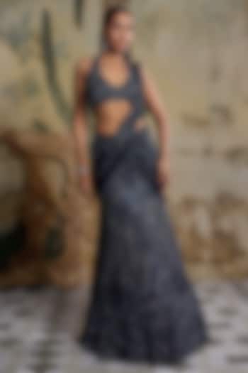 Midnight Blue Tulle Embellished Reception Saree Set by DiyaRajvvir at Pernia's Pop Up Shop