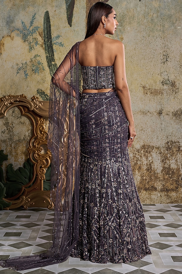 Charcoal Grey Tulle Floral Embellished Reception Saree Set by DiyaRajvvir at Pernia's Pop Up Shop