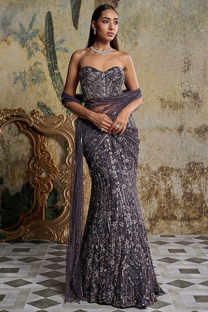 Charcoal Grey Tulle Floral Embellished Reception Saree Set by DiyaRajvvir at Pernia's Pop Up Shop