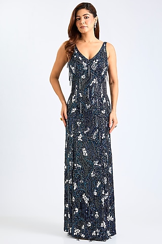 Midnight Blue Tulle Embellished Gown by diyarajvvir