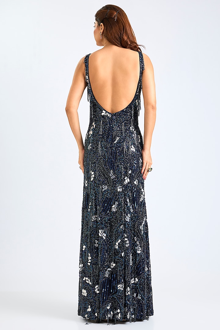 Midnight Blue Tulle Embellished Wedding Gown by DiyaRajvvir at Pernia's Pop Up Shop