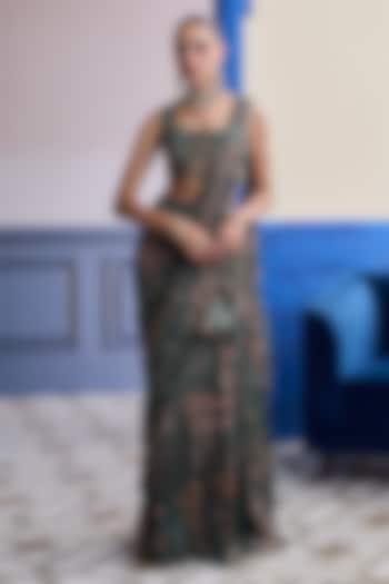Teal Crepe Floral Printed Tiered Skirt Wedding Saree Set by Diyarajvvir at Pernia's Pop Up Shop