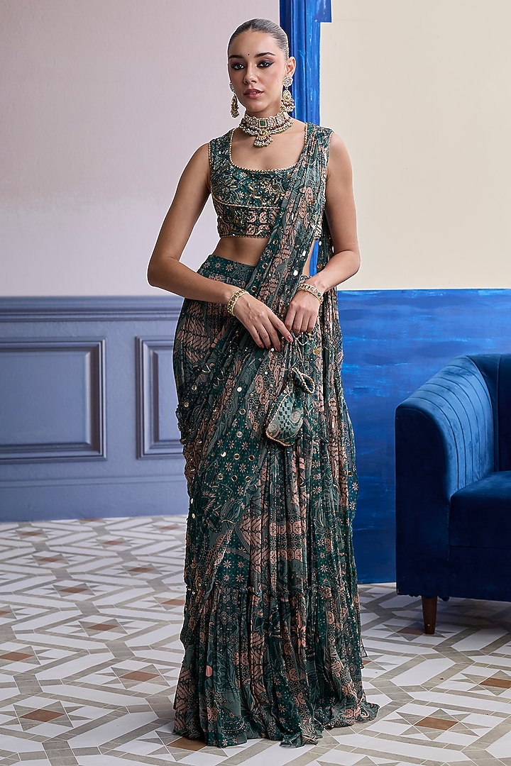 Teal Crepe Floral Printed Tiered Skirt Wedding Saree Set by Diyarajvvir at Pernia's Pop Up Shop