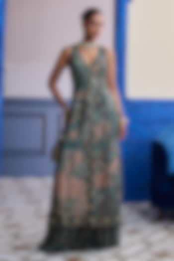 Teal Dola Silk Floral Printed Structured Kurta Set by DiyaRajvvir at Pernia's Pop Up Shop