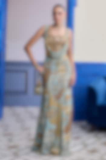 Yellow Crepe Floral Printed Cowl Mermaid Skirt Set by DiyaRajvvir at Pernia's Pop Up Shop