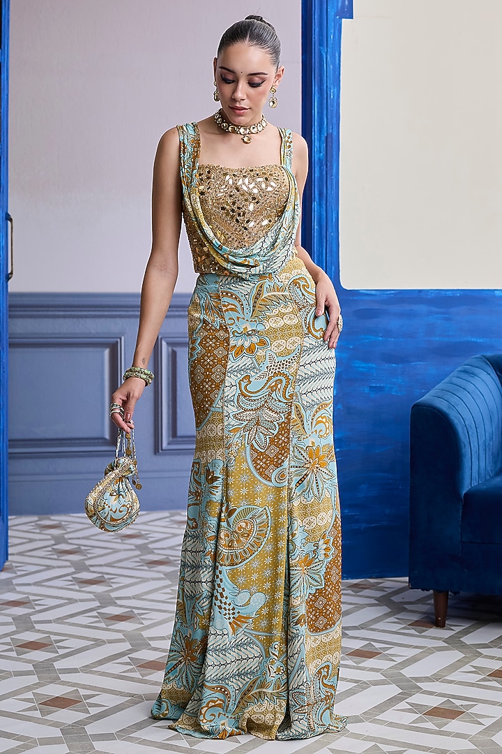 Yellow Crepe Floral Printed Cowl Mermaid Skirt Set by DiyaRajvvir at Pernia's Pop Up Shop