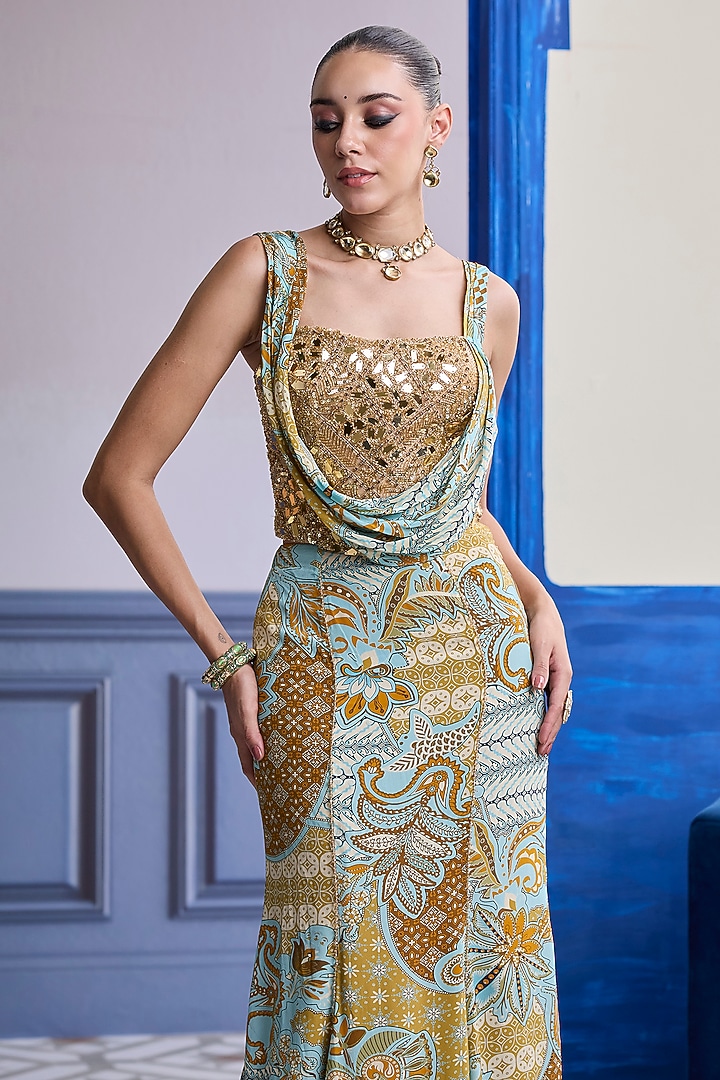Yellow Crepe Floral Printed Cowl Mermaid Skirt Set by DiyaRajvvir at Pernia's Pop Up Shop