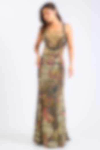 Olive & Gold Crepe Floral Printed Skirt Set by DiyaRajvvir at Pernia's Pop Up Shop