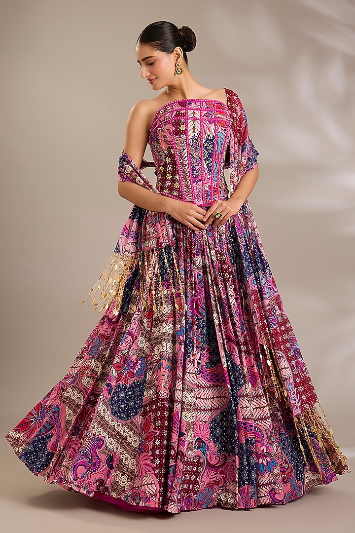 Fuchsia Crepe Floral Printed Wedding Lehenga Set by DiyaRajvvir at Pernia's Pop Up Shop