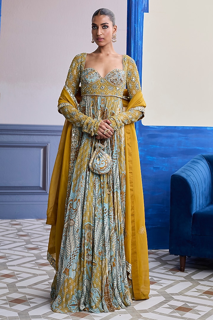 Yellow Organza & Georgette Floral Printed Wedding Anarkali Set by DiyaRajvvir at Pernia's Pop Up Shop