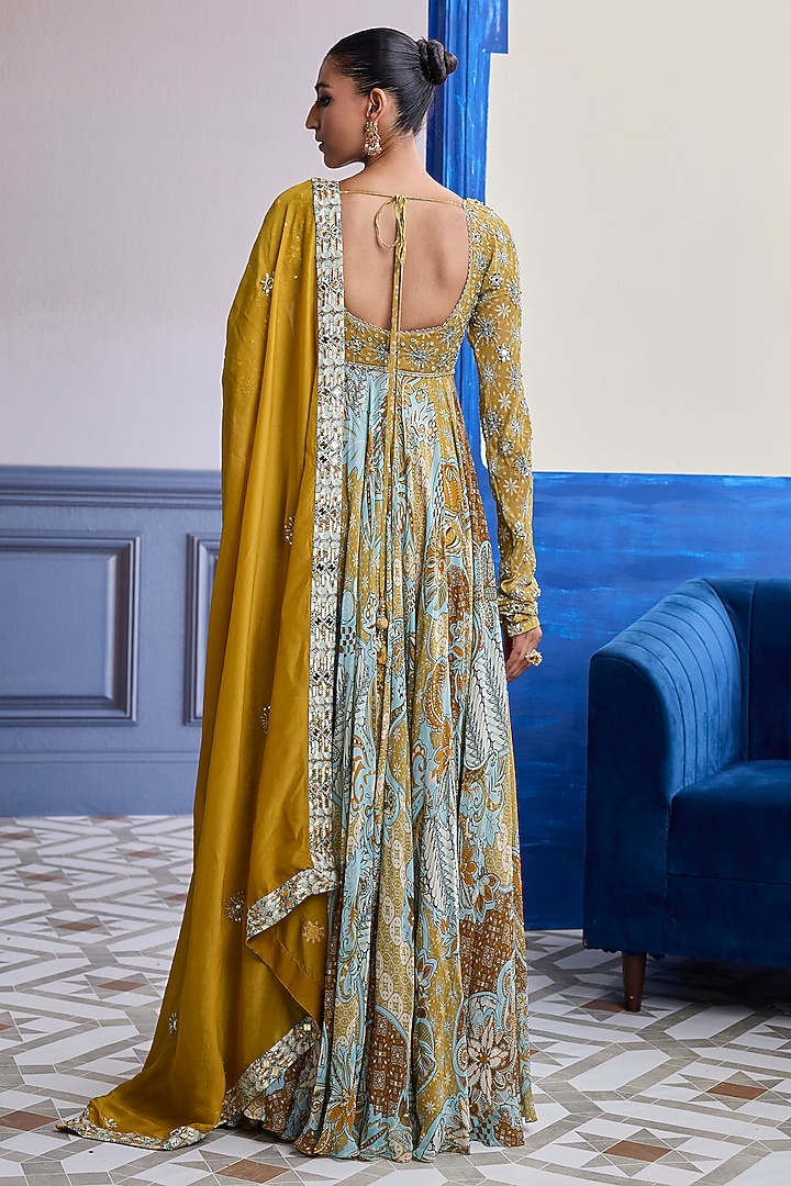 Yellow Organza & Georgette Floral Printed Wedding Anarkali Set by DiyaRajvvir at Pernia's Pop Up Shop
